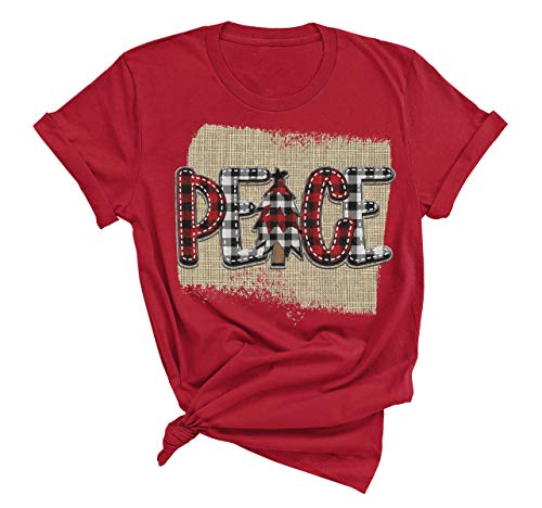 Women's Buffalo Plaid Tees Casual Short Sleeve Peace Letter Printed Graphic Blouse Tops