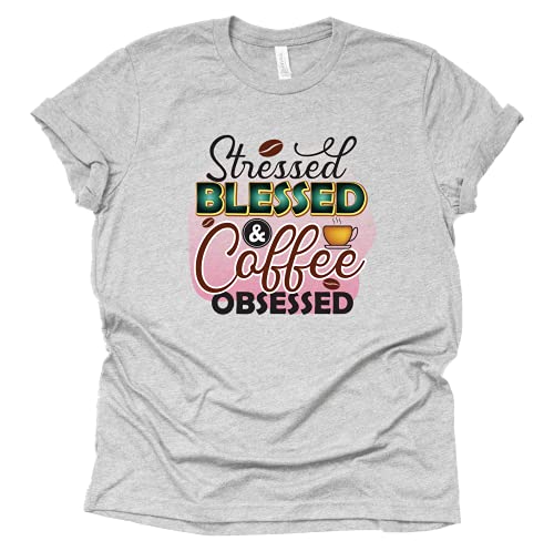 Stressed, Blessed and Coffee Obsessed T-Shirt for Women Letters Print Shirt with Funny Sayings Casual Tops