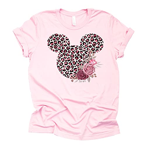 Women Teen Leopard Print Mickey Ears with Flowers Shirt Floral Adult Women Ladies Boho Character Tshirt