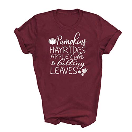 Pumpkins Hayrides Apple Cider and Falling Leaves T Shirt Women Funny Thanksgiving Letter Graphic Fall Tee Top