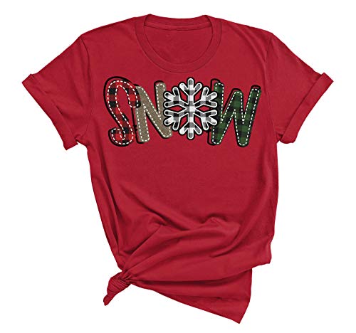 Women's Buffalo Plaid Tees Casual Short Sleeve Snow Letter Printed Graphic Blouse Tops