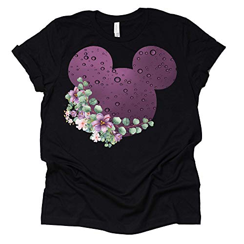 Women Teen Purple Raindrop Print Mickey Ears with Flowers Shirt Floral Adult Women Ladies Boho Character Tshirt