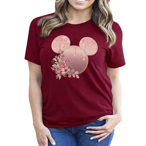 Women Teen Rose Gold Glitter Drip Mickey Ears with Flowers Shirt Unisex Floral Adult Ladies Boho Character Tshirt