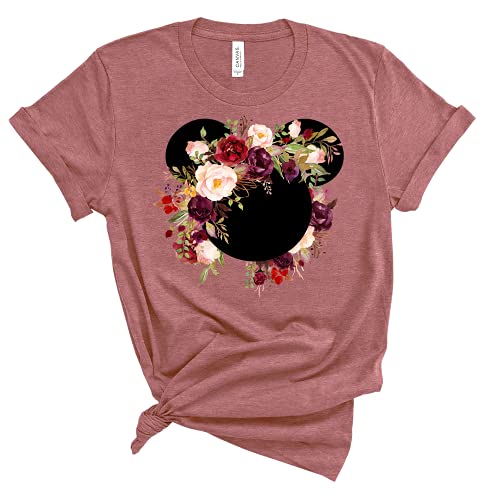 Womens Mickey Flower Shirt, Floral Burgundy Wreath T-Shirt Adult Women Ladies Boho Character Shirt