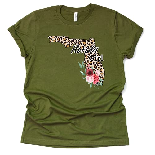 Florida Girl T-Shirt Leopard Floral Florida State Shirt, I Love Florida Home Tee Gift Short Sleeve Casual Blouse