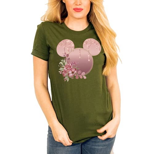 Women Teen Rose Gold Glitter Drip Mickey Ears with Flowers Shirt Unisex Floral Adult Ladies Boho Character Tshirt