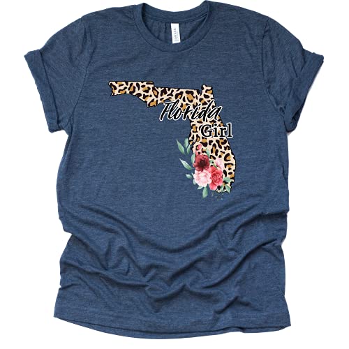 Florida Girl T-Shirt Leopard Floral Florida State Shirt, I Love Florida Home Tee Gift Short Sleeve Casual Blouse