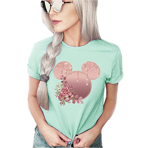 Women Teen Rose Gold Glitter Drip Mickey Ears with Flowers Shirt Unisex Floral Adult Ladies Boho Character Tshirt