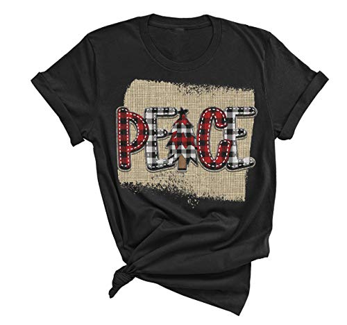 Women's Buffalo Plaid Tees Casual Short Sleeve Peace Letter Printed Graphic Blouse Tops