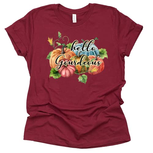 Hello Gourdeous Shirt Stacked Pumpkins T Shirt Thankful Printed T-Shirt Casual Thanksgiving Christian Tee Tops