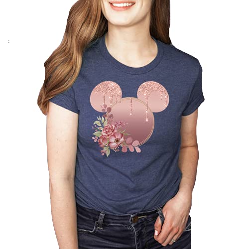 Women Teen Rose Gold Glitter Drip Mickey Ears with Flowers Shirt Unisex Floral Adult Ladies Boho Character Tshirt