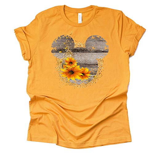 Women Teen Driftwood Print Mickey Ears with Sunflowers Shirt Floral Adult Women Ladies Boho Character Tshirt