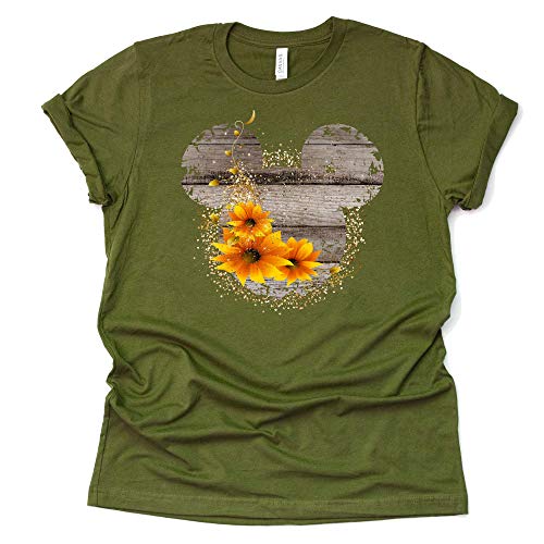 Women Teen Driftwood Print Mickey Ears with Sunflowers Shirt Floral Adult Women Ladies Boho Character Tshirt