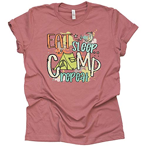 Eat Sleep Camp Repeat Shirt, Camping RV Shirt, Unisex Summer Graphic Tees Tops Unisex Short Sleeve