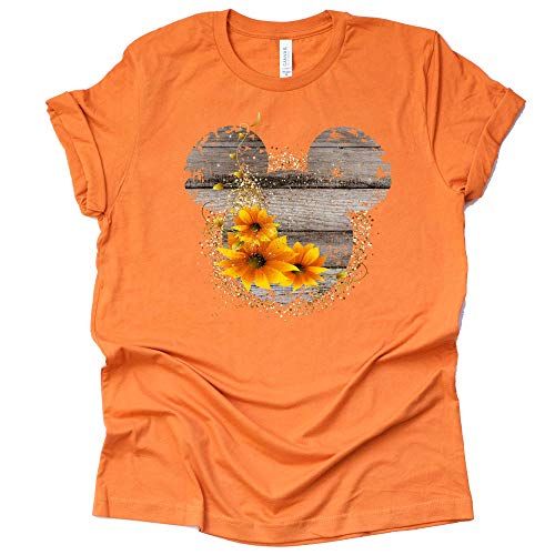 Women Teen Driftwood Print Mickey Ears with Sunflowers Shirt Floral Adult Women Ladies Boho Character Tshirt