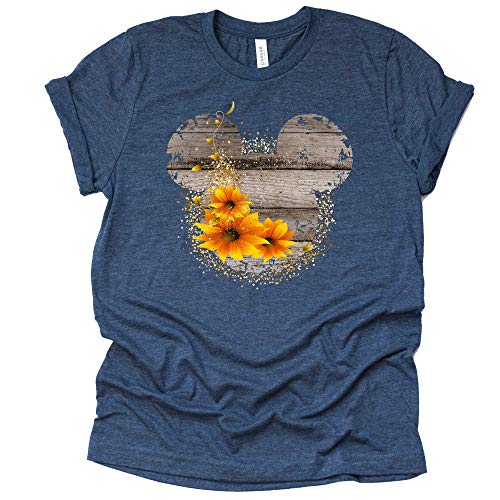 Women Teen Driftwood Print Mickey Ears with Sunflowers Shirt Floral Adult Women Ladies Boho Character Tshirt