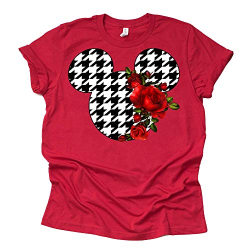 Women Teen Hounds Tooth Print Mickey Ears with Flowers Shirt Floral Adult Women Ladies Boho Character Tshirt