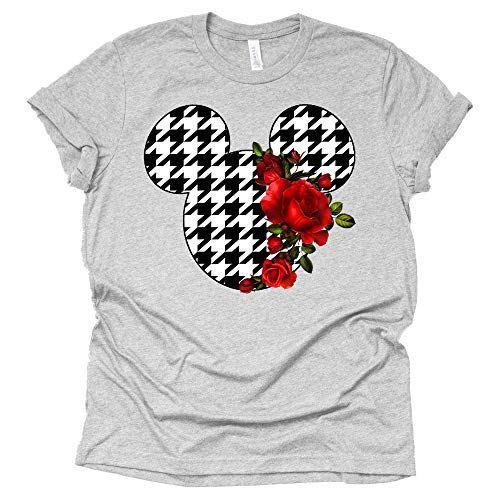 Women Teen Hounds Tooth Print Mickey Ears with Flowers Shirt Floral Adult Women Ladies Boho Character Tshirt