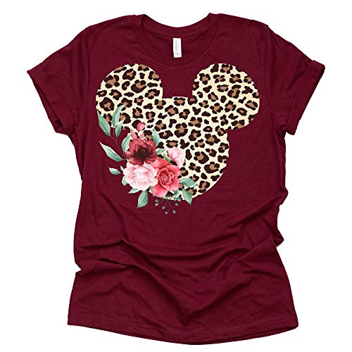 Women Teen Leopard Print Mickey Ears with Flowers Shirt Floral Adult Women Ladies Boho Character Tshirt