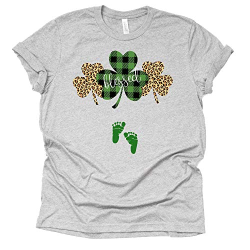 Shamrock Blessed Shirt, Buffalo Plaid Leopard Shamrock Shirt St Patrick Shirt, Pregnancy Announcement Shirt, Causal Short Sleeve