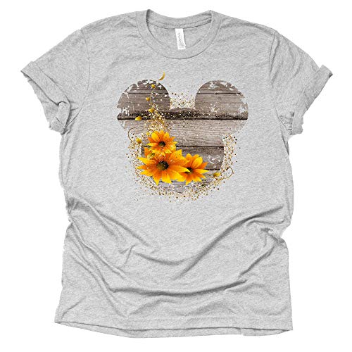 Women Teen Driftwood Print Mickey Ears with Sunflowers Shirt Floral Adult Women Ladies Boho Character Tshirt