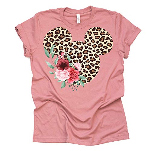 Women Teen Leopard Print Mickey Ears with Flowers Shirt Floral Adult Women Ladies Boho Character Tshirt