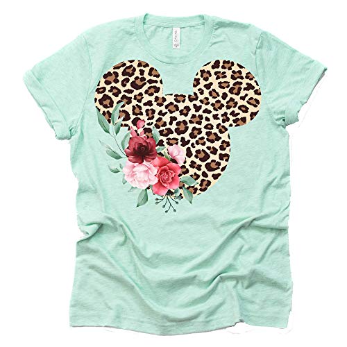 Women Teen Leopard Print Mickey Ears with Flowers Shirt Floral Adult Women Ladies Boho Character Tshirt