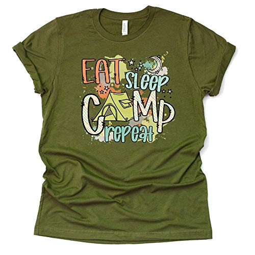 Eat Sleep Camp Repeat Shirt, Camping RV Shirt, Unisex Summer Graphic Tees Tops Unisex Short Sleeve