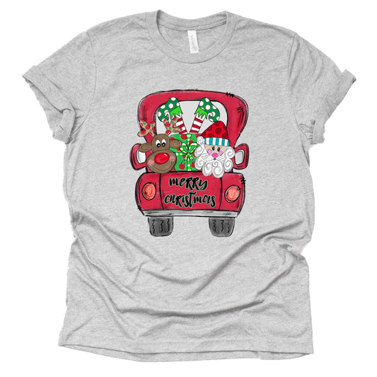 Santa Reindeer Truck Christmas Shirt, Merry Christmas Santa Reindeer Shirt, Ladies T-Shirt Graphic Tees