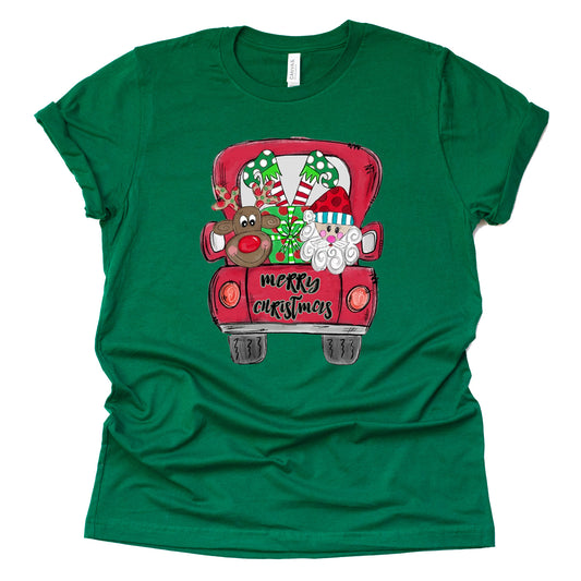 Santa Reindeer Truck Christmas Shirt, Merry Christmas Santa Reindeer Shirt, Ladies T-Shirt Graphic Tees